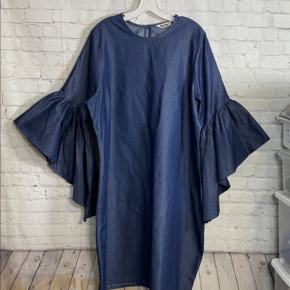 Ouum Dark Blue Jean Long Straight Casual Sheath Dress Flared Ruffle Sleeves - Picture 2 of 9